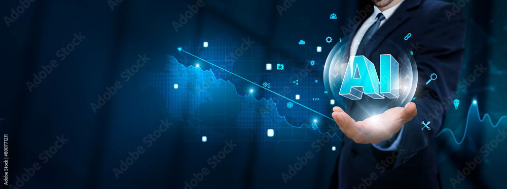 Poster ai: businessman hand holding virtual ai icon with technological icons. artificial intelligence and i