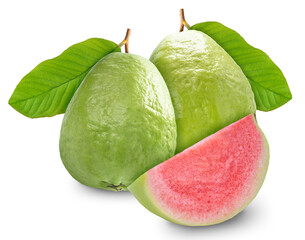 Fresh Red Guava fruit on white background. Sweet Guava fruit with leaf isolate on white with...