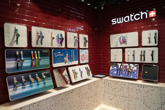 HONG KONG, CHINA - DECEMBER 06, 2023: various watches on display inside Swatch store in Hong Kong.