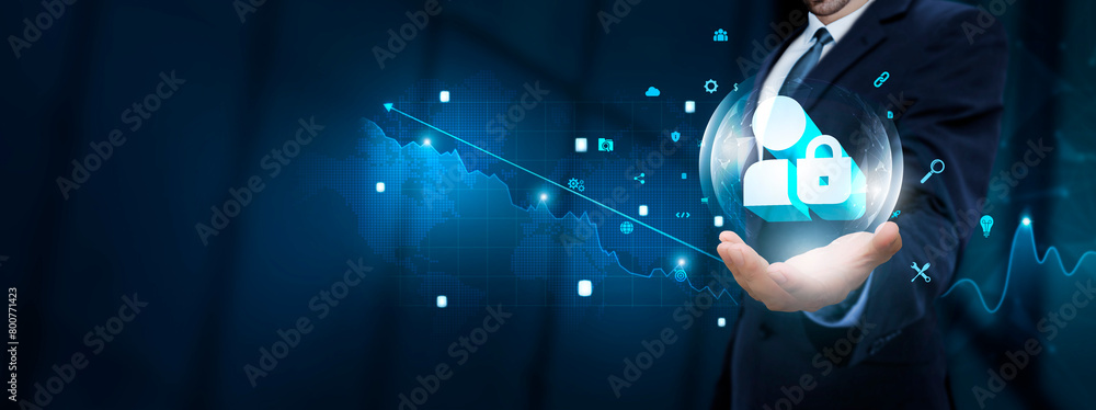 Poster privacy: businessman hand holding virtual privacy icon with technological icons. security measures a