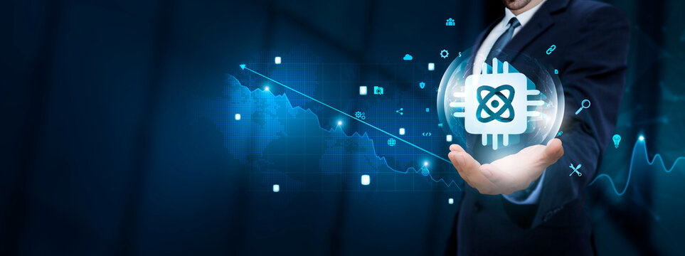 Quantum Computing: Businessman Hand Holding Virtual Quantum Computing Icon with Technological Icons. Advancing Innovation and Computational Power.