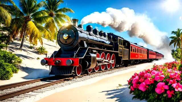 Vintage locomotive chugging along a scenic coastal route