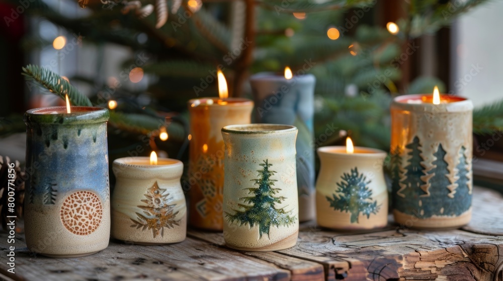 Poster a set of custom pottery candle holders each one featuring a different family members name for a beau