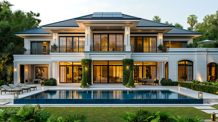 A beautiful modern mansion with blue roof with solar panels, white exteriors, glass windows and beautiful swimming pool