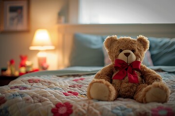 teddy bear sitting on bed