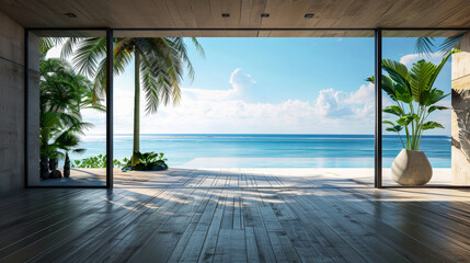 A large open space with a view of the ocean and palm trees. The room is empty and has a minimalist design