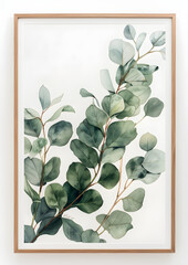 A watercolor painting of eucalyptus leaves in shades of brown, framed and perfect for home decor and interior design.