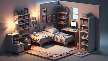 cube cutout of an isometric programmer bedroom with a PC, bookshelves, desk, 3d art, muted colors, soft lighting, high detail, concept art, behance, ray tracing