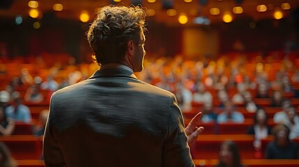 Fototapeta premium Confident Speaker in Stylish Business Attire Engaging the Crowd