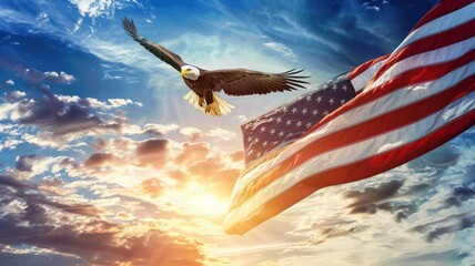 American flag waving in the wind with a majestic bald eagle flying in the foreground background. Happy 4th of July of Independent day for holiday celebrations. background. For USA Labor day.