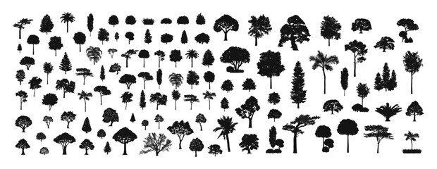 Big set of tree silhouette isolated on white background