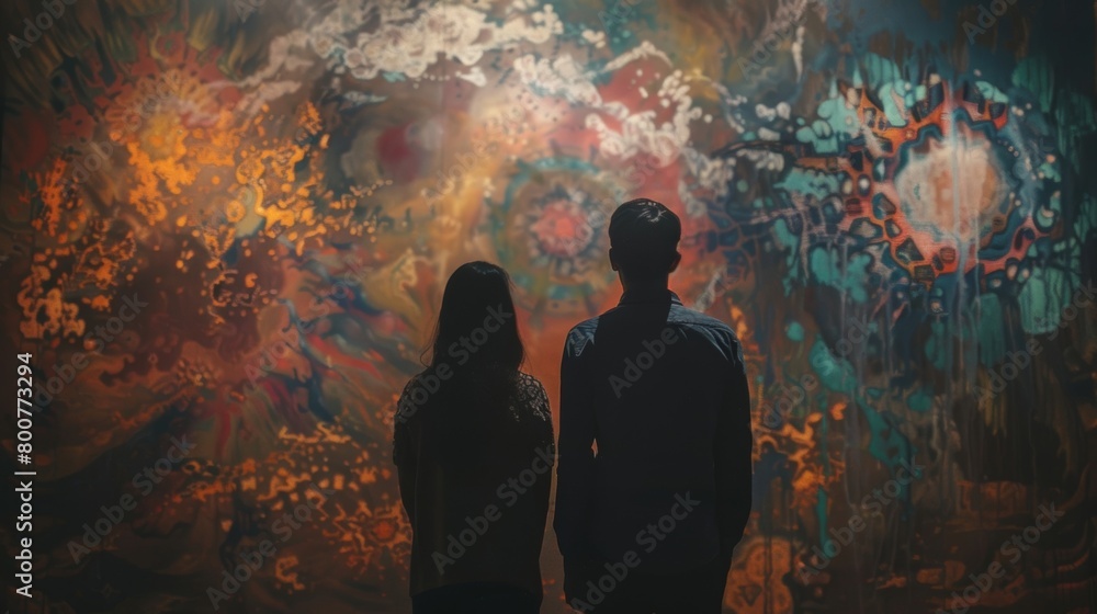 Poster two people stand in front of a painting their neural enhancements allowing them to see the layers of