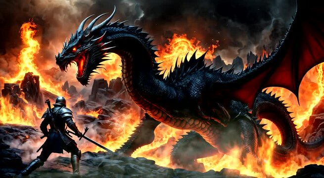 Epic battle scene between a fierce dragon and a brave warrior in a mythical fantasy setting