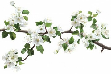 Apple tree branches with white flowers on a white background
