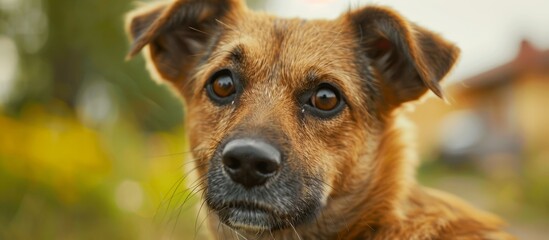 A cute brown dog with floppy ears and a shiny black nose is sitting on green grass