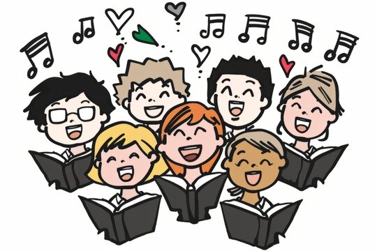 Cartoon cute doodles of a school choir singing together in harmony during choir practice, with musical notes and hearts above their heads, Generative AI