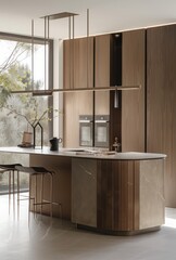 a modern kitchen and cabinets with an island, in the style of architectural chic
