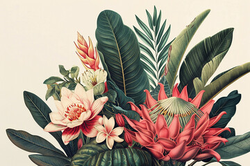 Botanical drawings depict flowers plants