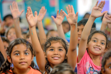 Bright-eyed students eagerly raise their hands in classrooms