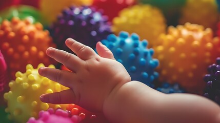 A baby's hand reaching out to grab a colorful, textured sensory ball