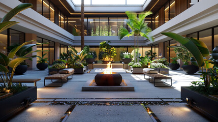 An elegant, modern courtyard with an array of potted plants and a central, minimalist fire pit....