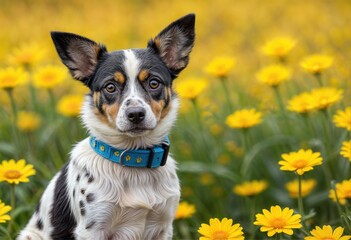 Cheerful Dog in Spring Flowers Easter Theme