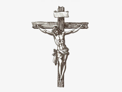 Crucifix cross with jesus sketch hand drawn engraved style religion on white background.