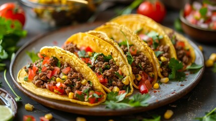 Close-up of a plate filled with vibrant Mexican tacos, fresh ingredients visible, isolated background, studio light