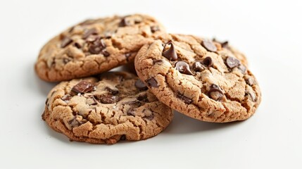 Close-up of freshly baked chocolate chip cookies, gooey and golden with melted chips, isolated on a white background, studio lighting
