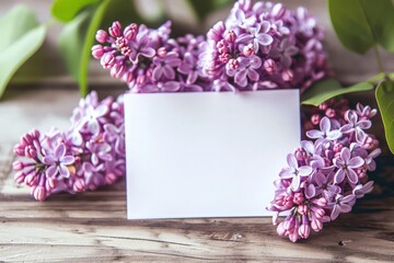 branch of lilac with mockup white greeting card, place for text, spring flowers