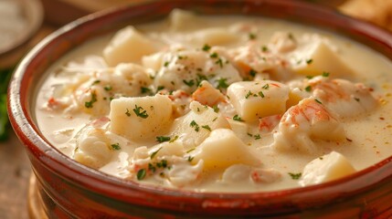 Close-up on a bowl of rich, creamy seafood chowder, brimming with chunks of fish and potatoes, against a distraction-free background, in raw style