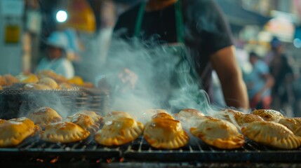 Close-up on a vendor grilling empanadas at a street food stall, steam rising, vivid colors, sharp details, urban backdrop