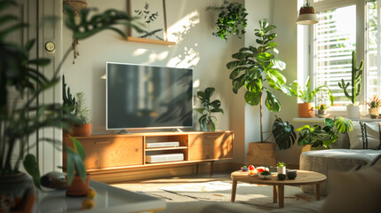 A living room with a large flat screen television and a wooden entertainment center. The room is filled with plants and has a cozy, inviting atmosphere