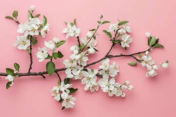 Creative layout with blooming apple tree on a pink background. Flat lay. Concept - spring minimalism.