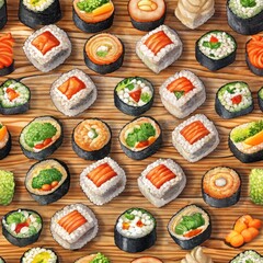Seamless pattern of sushi rolls arranged artfully on a wooden platter, Generative AI