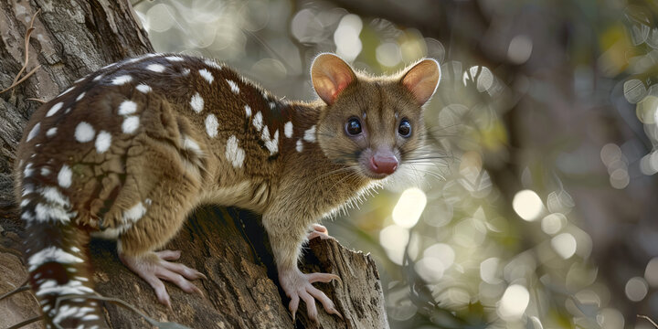 quoll with white spots on its body, brown fur and a small head, sitting on a tree branch, generative AI