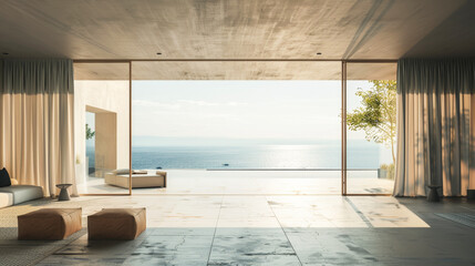 A large open living room with a view of the ocean. The room is very spacious and has a modern design