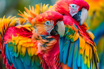 Obraz premium Exotic birds flaunt their vibrant plumage in a kaleidoscope of colors.