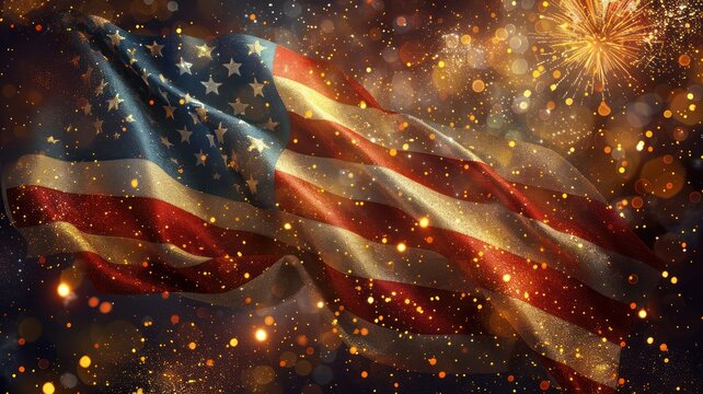 USA flag in glitters background. Happy 4th of July of Independent day for holiday celebrations. background. For USA Labor day celebration. With Happy Labor Day Weekend text.