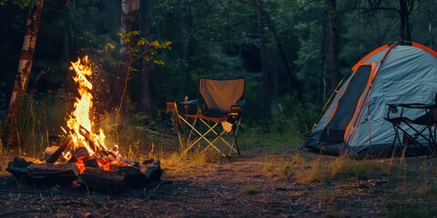 Beautiful bonfire with burning firewood near chairs and camping tent in forest