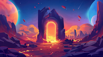 The magic fantasy game door to hell cartoon style look isolation background, Illustration