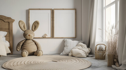 A room with a teddy bear sitting on a rug and a white bed. The room is decorated with white furniture and has a cozy, welcoming atmosphere