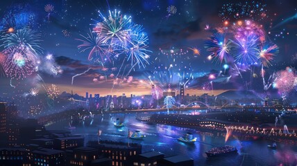 Fireworks over the city background. Happy 4th of July of Independent day for holiday celebrations. background. For USA Labor day celebration. With Happy Labor Day Weekend text.