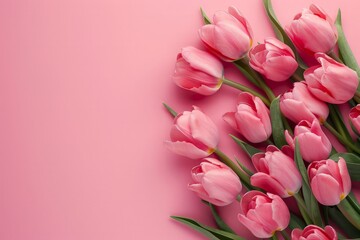 Festive flower pink tulips composition on the light pink background. Overhead top view, flat lay. Copy space. Birthday, Mother's, Valentines, Women's, Wedding Day concept.