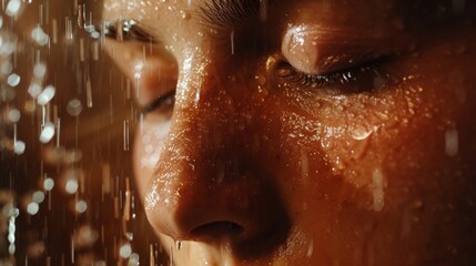 A closeup of the persons face in the sauna with sweat dripping down their forehead and closed eyes..