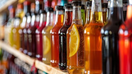 A shelf lined with rows of glass bottles each containing a different flavor of nonalcoholic fruit wine made at home with fresh ingredients.