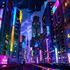 vibrant anime cityscape background with colorful skyscrapers and a splash of neon lights