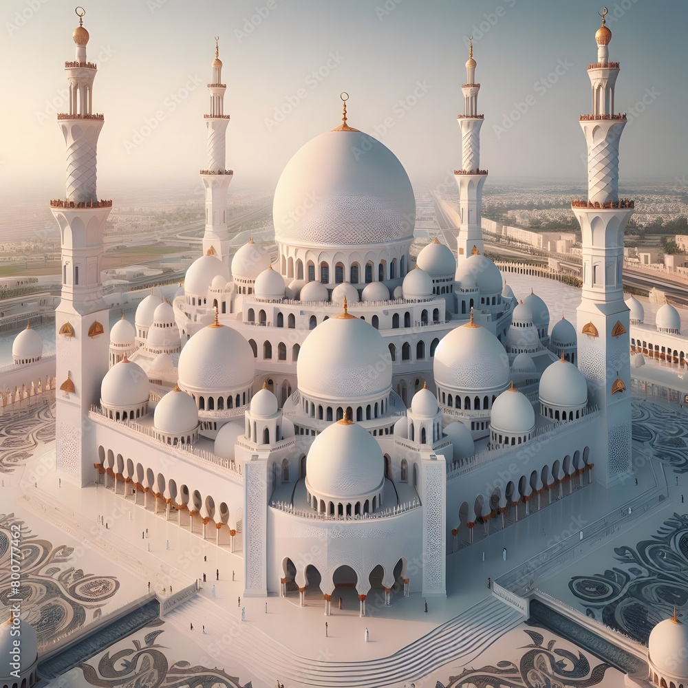 Poster a model of a mosque with a large white building in the background generated by ai