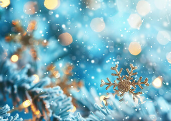 Fototapeta na wymiar Blue Christmas wallpaper, background with golden