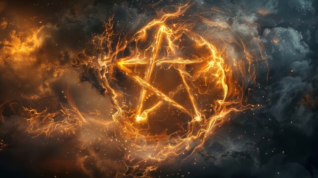 A magnificent illustration of a shimmering pentagram surrounded by a swirling vortex of light. The pentagram is depicted as a portal . .